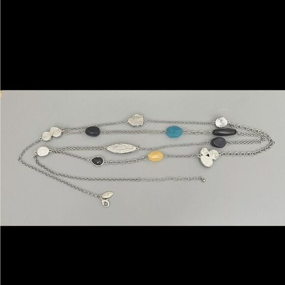 VTG Chico’s 2-Strand Necklace 39” Faux-Black-Turquoise-Yellow Silver Tone Chain - Picture 3 of 3